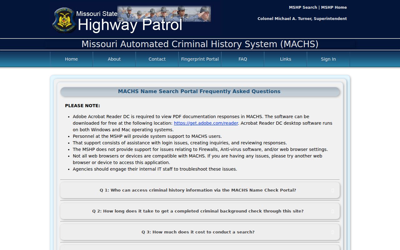 Lafayette County arrest record guidance in the MACHS search FAQ